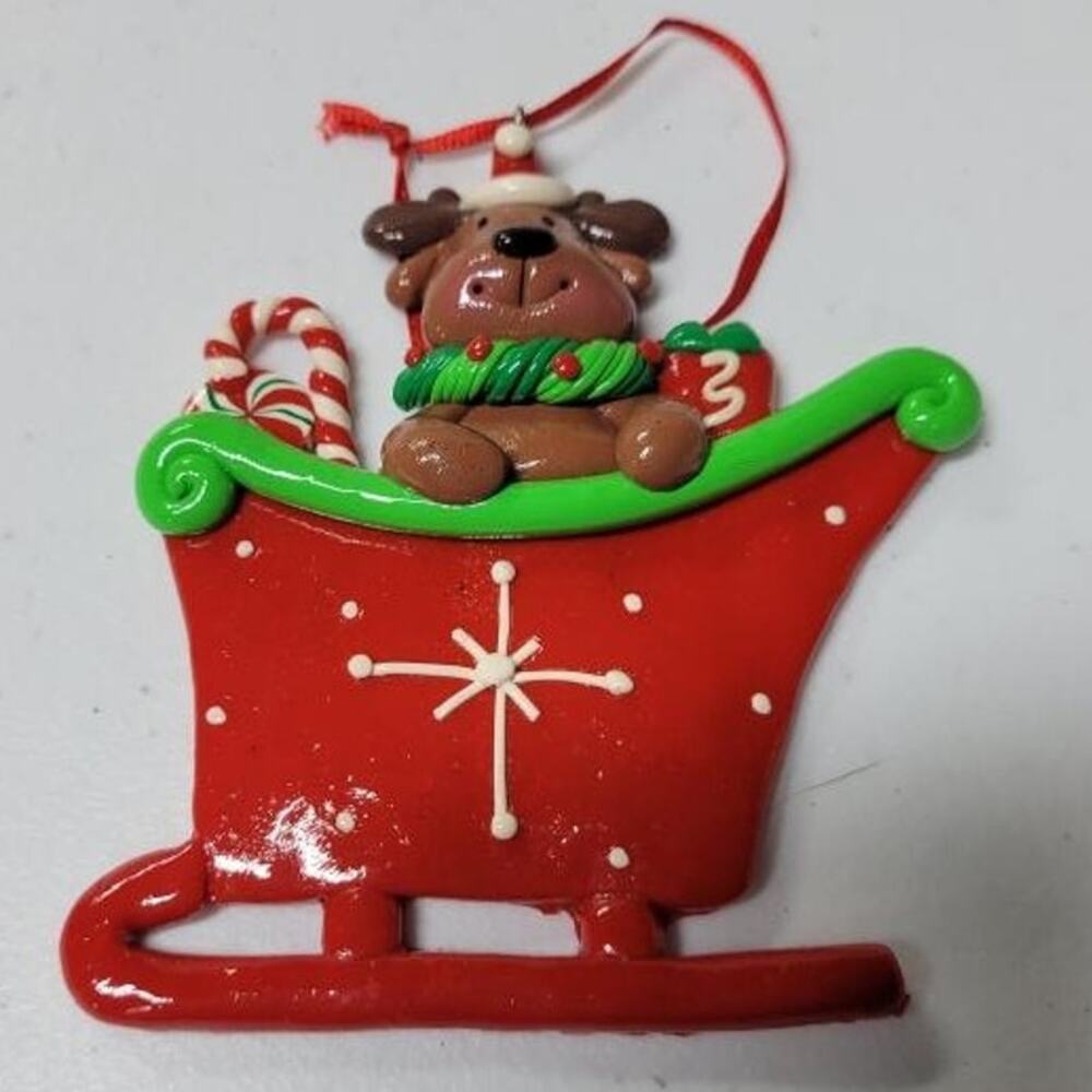 Plastic Bear in a Sledge Christmas holiday Tree hanging Ornament